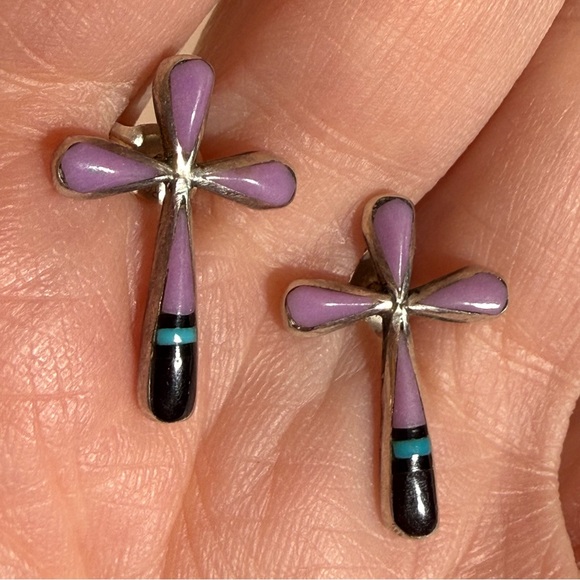 Vintage Native American Zuni Mosaic stone sterling silver cross earrings